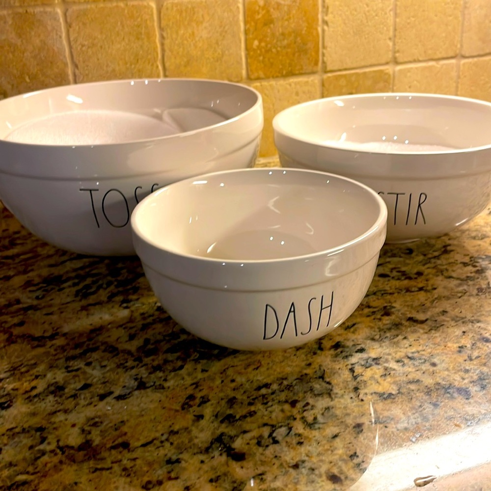 A set of 3 Rae Dunn mixing bowls (Toss, Stir, and Dash). BRAND NEW with tags!